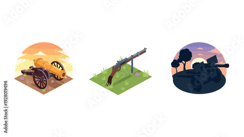 set of vintage cannon antique rifle and military tank illustrations in isometric style