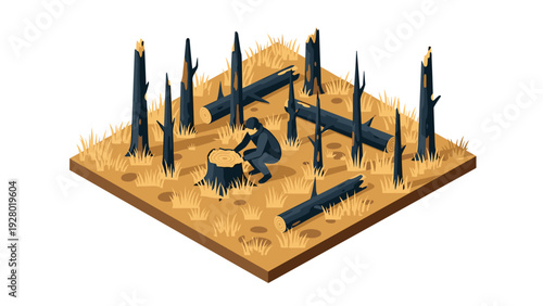 isometric illustration of forest fire aftermath with burnt trees and person examining tree stump in hand drawn style