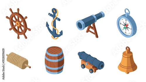 set of hand drawn nautical and maritime icons including ship wheel anchor telescope compass barrel cannon rope and bell