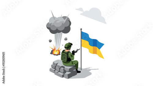 soldier sitting on stone barricade with gun near ukrainian flag explosion in background isometric vector illustration