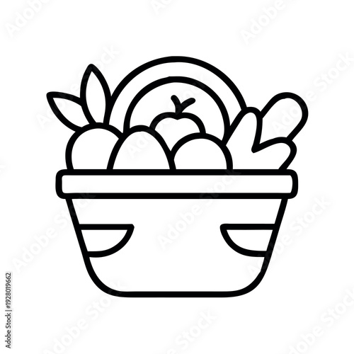 Harvest basket line icon filled with fresh fruits and vegetables for organic farming