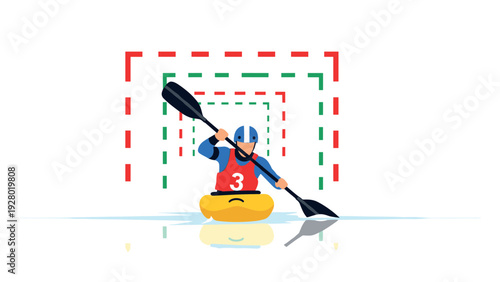 kayaker paddling through gate slalom course illustration with bright colors and flat style