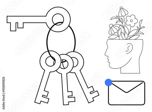 Keys symbolize access and solutions, head with flowers represents creativity and growth, envelope implies communication. Ideal for problem-solving, innovation, brainstorming, learning, mental health