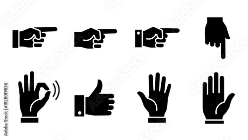 hand pointing and gesture silhouette icon set with different styles and directions in black simple flat design