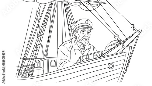 old sea captain steering ship hand drawn line art nautical illustration