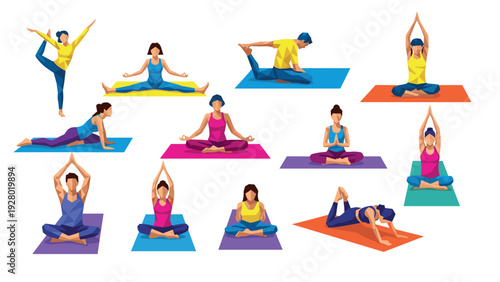 set of hand drawn diverse people practicing yoga poses on colorful mats in flat style for health and wellness