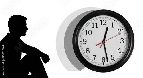 Black-rimmed Clock Showing Time with Silhouette of Person.