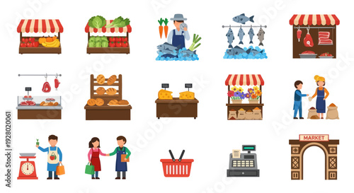 Colorful Vector Illustrations of Various Market Stalls and Vendors.