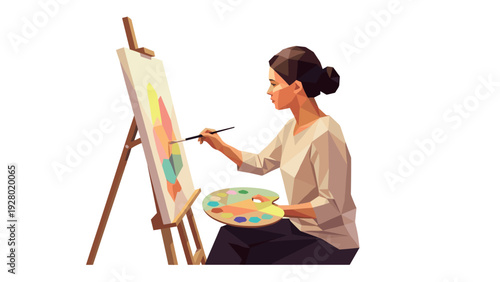 woman painter creating colorful artwork on canvas with paint palette and brush geometric low poly style