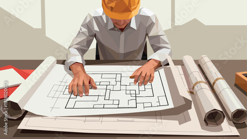 man wearing hard hat working on architectural floor plans low poly style