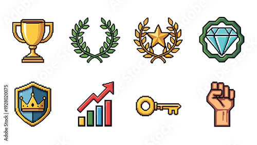 set of pixel art gaming achievement icons including trophy laurel wreath star diamond crown growth key and fist