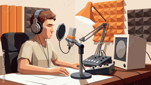 man recording podcast in home studio with microphone headphones and audio mixer in low poly geometric style