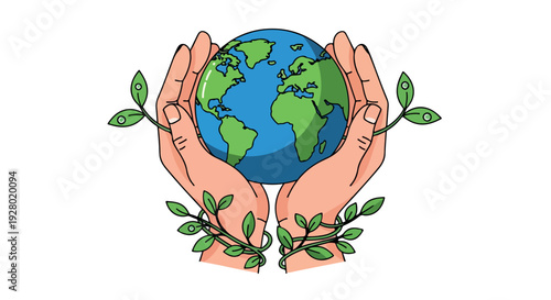 Illustration of hands cradling a globe with green leaves, symbolizing eco-friendliness and environmental care on a white background.