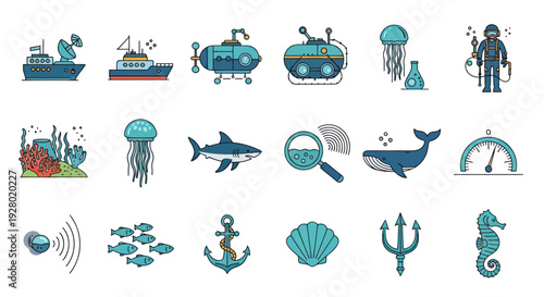 Collection of Cartoonish Marine Life and Underwater Vehicles Illustrations.
