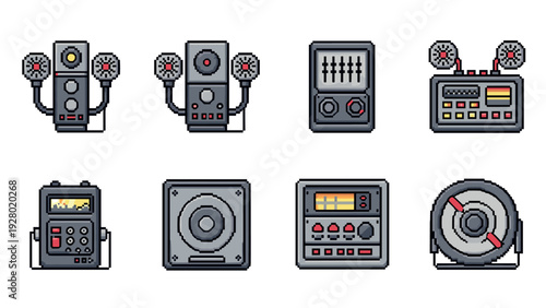 set of 8 hand drawn pixel art vintage audio electronic devices icons collection
