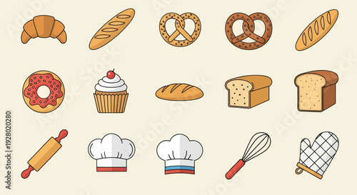 Hand-drawn collection of fresh baked goods and essential baking tools including bread pastries and chef accessories.