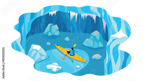 person kayaking inside icy cave with blue rock formations and water hand drawn illustration