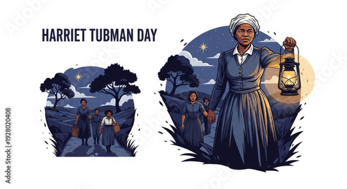 Respectful Vector Illustration of Harriet Tubman Leading Escaping Individuals at Night with Lantern and North Star for Harriet Tubman Day