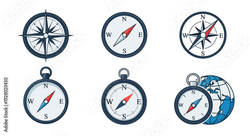 Hand-drawn compass collection with wind roses and navigation tools.