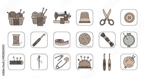 Hand-drawn doodle icon set of sewing and knitting supplies like a machine scissors yarn and needles.