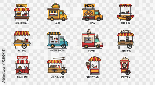 Colorful Illustrated Collection of Various Food Cart Designs.