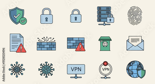 Colorful Vector Icons Representing Digital Security and Protection.