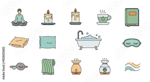 Colorful line art icon set for relaxation self-care sleep and wellness themes.