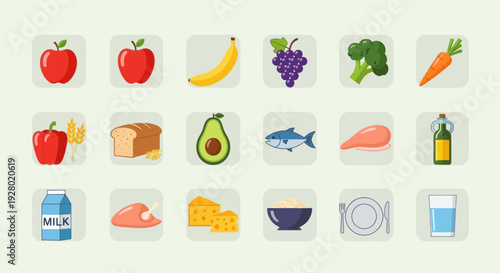 Assortment of Colorful Food Icons for Healthy Eating and Nutrition.