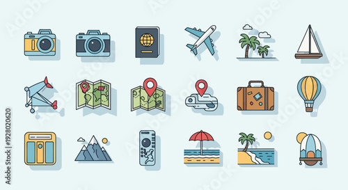 Travel and Tourism Icon Set: Camera Passport Airplane Map and More.