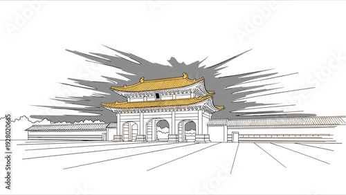 traditional asian temple gate with golden roof hand drawn illustration with dynamic background