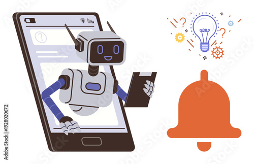Artificial intelligence, mobile technology, digital assistants, notifications, problem-solving, innovation. Robot with clipboard emerging from phone, lightbulb bell symbols nearby. AI and mobile
