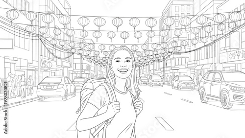 smiling young woman with backpack on city street with hanging lanterns line art hand drawn illustration