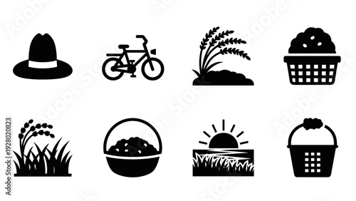 set of hand drawn black silhouette farming icons with hat bike plants baskets and sunset landscape