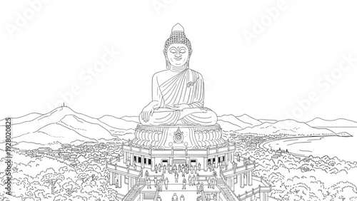 hand drawn large sitting buddha statue with surrounding landscape outline drawing