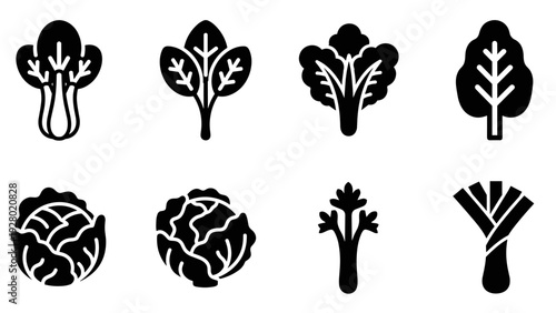 set of black silhouette leafy vegetable icons including bok choy cabbage kale celery and leek in simple style