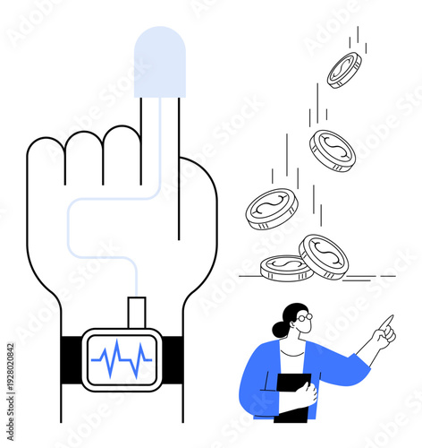 Health monitoring, fintech, wearable technology, innovation, digital health, economy. A hand with wearable tech and a woman gesturing at falling coins. Health monitoring and fintech in a futuristic