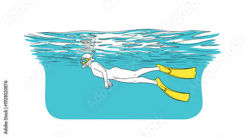 female snorkeler swimming underwater with diving mask and yellow fins hand drawn illustration