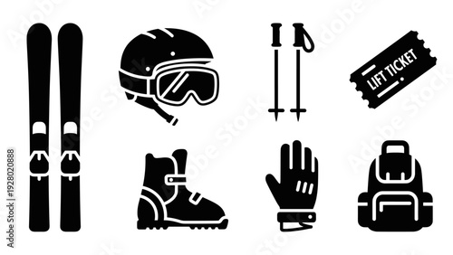 skiing equipment icons set including skis helmet boots gloves poles backpack and lift ticket silhouette