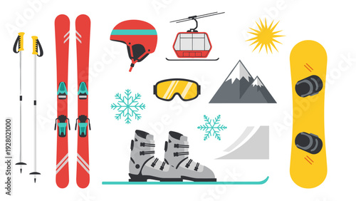 collection of hand drawn winter sports equipment and mountain elements for skiing and snowboarding