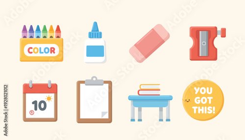 A collection of colorful school and office supplies including crayons, glue, an eraser, a sharpener, a calendar, a clipboard, a desk with books, and a motivational badge.