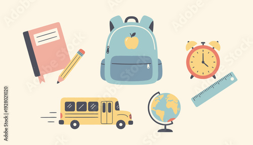 A collection of essential school supplies and items including a backpack, notebook, pencil, ruler, alarm clock, globe, and a yellow school bus, all set against a light background.