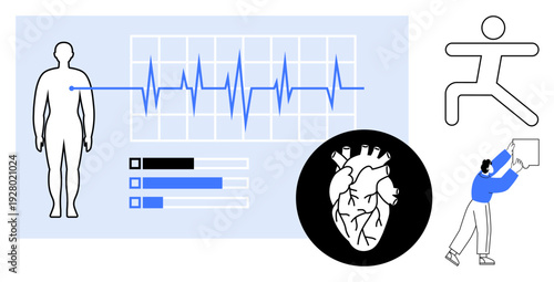 Health monitoring concept. Health metrics visualization, heart diagram, and activity tracking for personal health management. Health as a priority in fitness, wellness, medicine, technology, research