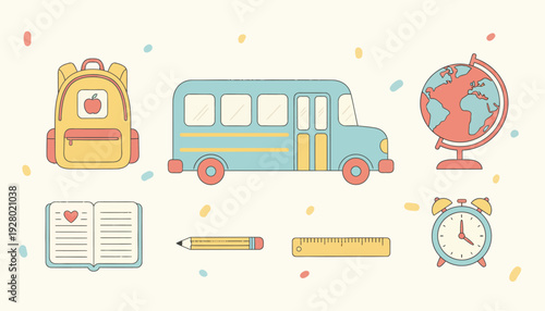 Cute pastel back to school illustration with backpack, bus, globe, book, pencil, ruler, and alarm clock.