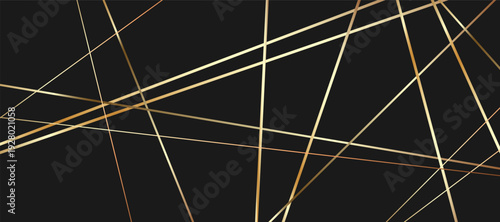 Random golden linear grid of chaotically intersecting lines, abstract irregular geometric grid on black background for tech-style wallpapers, futuristic layouts and vector graphics