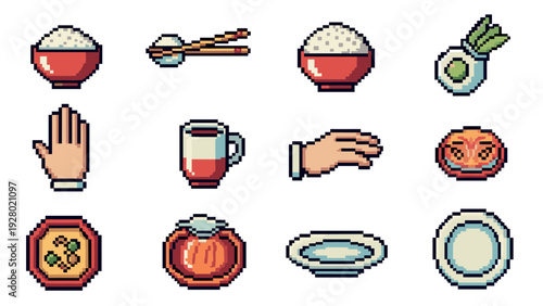 pixel art food and hand icons set with bowls cups plates and sushi in retro style