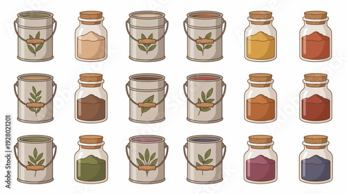Collection of Jars with Various Herbs and Spices.