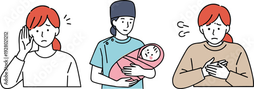 Postpartum depression awareness concept illustration, mother emotional stress with newborn baby support mental health psychology flat vector minimal character design artwork