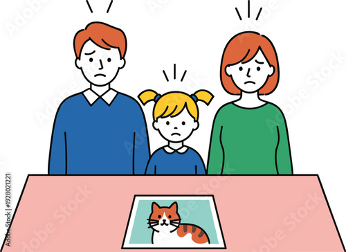 Sad family mourning pet loss illustration, parents and child grieving cat memory photo emotional support vector grief awareness design