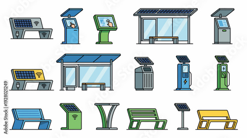 Collection of Modern Public Bus Shelters and Benches.