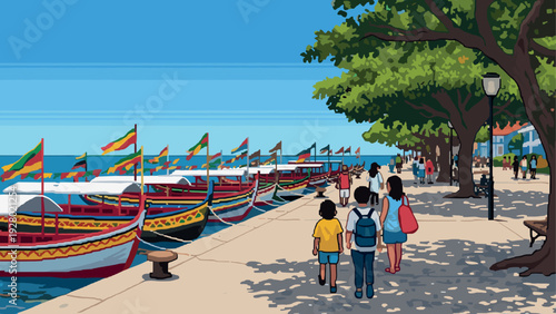 people walking along colorful boats lined up on seaside promenade hand drawn illustration